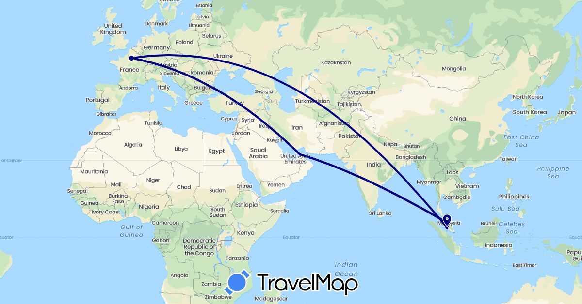 TravelMap itinerary: driving in United Arab Emirates, France, Malaysia (Asia, Europe)